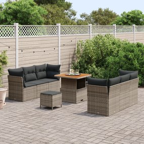 Conjunto de Sofá de Jardim de 9 Peças com Almofadas Cinza Rattan Polim