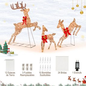 Conjunto de 3 renas de Natal iluminadas com 255 luzes de Natal brancas quentes para decoração dourado
