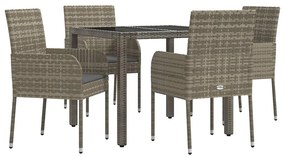 5 pcs conjunto de jantar p/ jardim c/ almofadões vime PE cinza