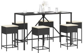 vidaXL 7 pcs conjunto de bar para jardim c/ almofadões vime PE preto