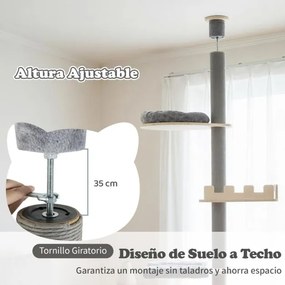 Árvore para gatos de 5 níveis, do chão ao teto, torre ajustável em madeira de 236-271 cm com cama em forma de cesta e postes para arranhar cinza