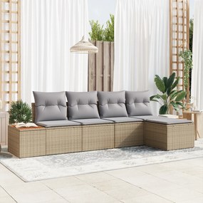 Conjunto de Sofá de Jardim de 5 Peças com Almofadas Bege Rattan Poly A