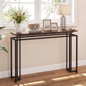 Mesa de Consola de 2 Níveis, 120 x 30 x 81 cm, Estrutura Metálica Resistente, Castanho+Preto