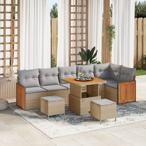 Conjunto de Sofá Jardim de 9 Peças com Almofadas Bege de Vime Sintético Acácia