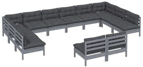 12pcs conjunto lounge de jardim + almofadões pinho maciço cinza
