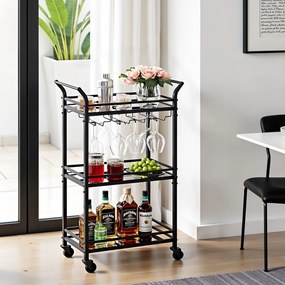 Carrinho de serviço bar com garrafeira com 3 níveis, com rodas 30 x 46,8 x 92 cm preto