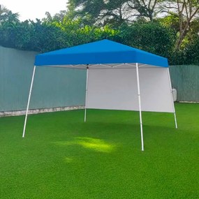 Tenda 300 x 300 cm Pop Up Dobrável com 1 Parede Lateral Com Saco, jardim, campismo, feiras, eventos com Estrutura Metálica Azul