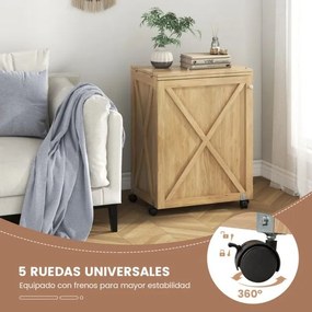 Mesa de Costura Dobrável Multifuncional Estante Compacta 2 Tabuleiros e 18 Pinos Armário de Costura com Porta e 5 Rodas Natural