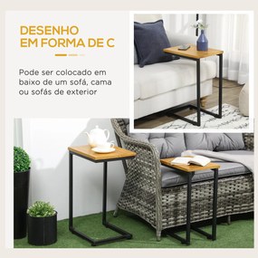 Conjunto de 2 Mesas Auxiliares de Jardim em Forma de C com Estrutura de Metal e Bancada de Madeira 40x30x60 cm e 35x24,5x52 cm Madeira e Preto