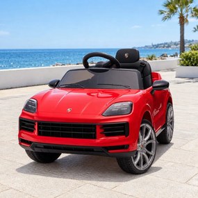 Carro elétrico para crianças Porsche Cayenne 12V com tração traseira – Licença oficial, bateria de lítio, comando remoto 2,4 GHz, leitor MP3, luzes LE