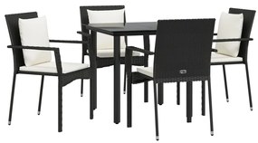 5 pcs conjunto de jantar p/ jardim c/ almofadões vime PE preto