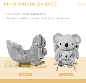 Baloiço Infantil com Forma de Coala com Fantoche para Bebés 18-36 Meses com Som Cinto de Segurança e Apoio para os Pés 60x33x50cm Cinza