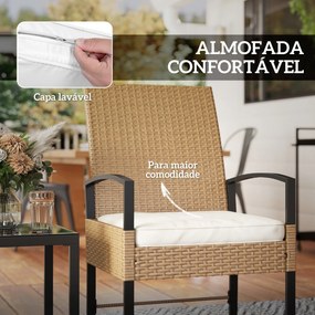 Conjunto de Jardim de 3 Peças com 2 Cadeiras e Mesa de Vime com Encosto Ajustável e Bancada de Vidro Bege e Branco