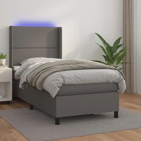 Cama box spring c/ colchão/LED 90x190 cm couro artificial cinza