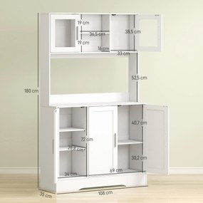 Armário de cozinha de estilo escandinavo 108 x 35 x 180 cm, compartimentos abertos, portas de vidro e bancada, branco