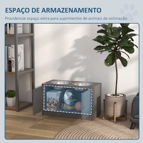 Comedouro Elevado para Cães Grandes com 2 Tigelas de 2L em Aço Inoxidável, 2 Portas e Arrumação, 60x30x35,5 cm, Cinzento