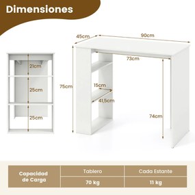 Secretária de estudo para computador90 x 45 x 75 cm  com estante integrada para escritório em casa e espaços pequenos Branco