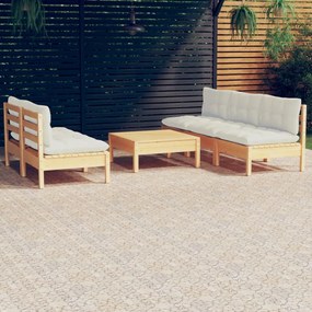 vidaXL 6 pcs conjunto lounge jardim c/ almofadões cor creme pinho
