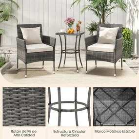 Conjunto de jardim de 3 peças de rattan PE com almofadas e mesa em vidro temperado para varanda, jardim, relvado, pátio cinzento e Bege