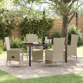 vidaXL Conjunto de Jantar de Jardim de 5 Peças com Almofadas Bege Rattan Poliéster
