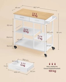 Carrinho de cozinha com rodas 45 x 98,7 x 90 cm, muito espaço de arrumação, gaveta, ganchos bege carvalho-branco mate