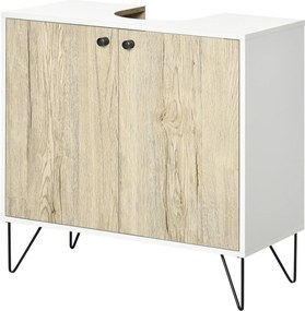 Móvel para lavatório (NÃO INCLUIDO), móvel de casa de banho com 2 portas, pés em aço, 60 x 30 x 60 cm, branco e madeira natural