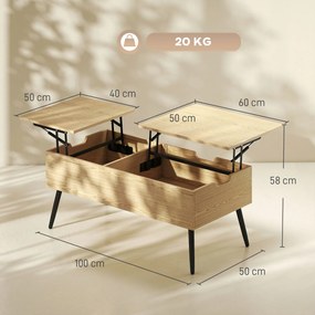 Mesa de centro elevável 100 x 50 x 43,6 cm com tampo duplo, mesa de sala com compartimento oculto e pés em metal e madeira natural
