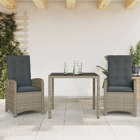 3 pcs conjunto de jantar p/ jardim c/ almofadões vime PE cinza