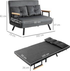 Sofá Cama Sofá Convertível em Cama de 2 Lugares Dobrável com Encosto Ajustável em 5 Níveis e 2 Almofadas 102x73x81 cm Cinza