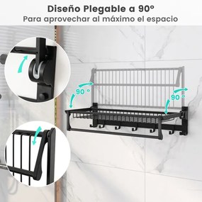 Toalheiro de casa de banho dobrável com barra ajustável e ganchos móveis Estante de alumínio resistente à ferrugem e à água 59,5 x 26 x 14 cm Preto