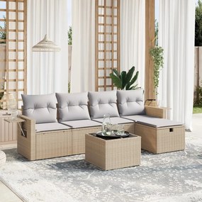 6 pcs conj. sofás jardim c/ almofadões vime PE bege misturado