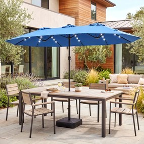 Guarda-sol duplo 460 x 285 cm com 48 luzes LED, 3 aberturas de ventilação, 12 varas, base e manivela para jardim, terraço e piscina – azul