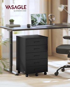 Bloco de gavetas para escritório com rodas, 5 gavetas 40 x 42 x 65,7 cm, corrediças sem parafusos, preto