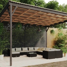 vidaXL 12 pcs conjunto lounge de jardim c/ almofadões vime PE preto