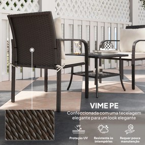 Conjunto de Jardim de 3 Peças com 2 Cadeiras e Mesa com Prateleira e Bancada de Vidro Castanho Escuro e Creme