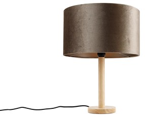 Candeeiro de Mesa Madeira com Abajur de Veludo Taupe 35cm - Mels Rústico ,Clássico / Antigo