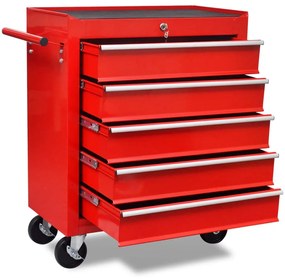 Carinho de ferramentas com 5 gavetas para oficina, vermelho