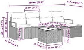 Conjunto Sofá de Jardim de 6 Peças com Almofadas Bege Rattan Poliéster