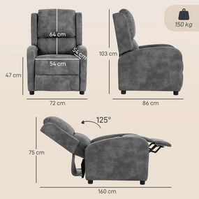 Poltrona Relax Reclinável Manual em Pele Sintética com Montagem Rápida Apoio de Pés e Acolchoamento Espesso Cinza
