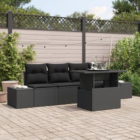 Conjunto de Sofá de Jardim de 5 Peças com Almofadas Preto Polirattan