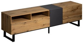Móvel para TV Moderno Colorblocking com Veios de Madeira, Design Irregular, 180x45,5x35cm, Madeira+Preto