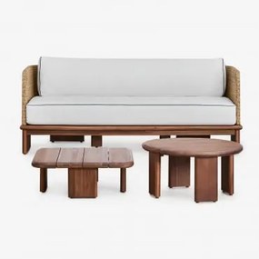 Conjunto De Jardim Com Sofá De 3 Lugares E 2 Mesas De Centro Em Rattan E Madeira De Acácia Famara Castanho-acácia Escuro - Sklum