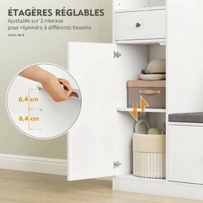 Móvel de entrada 4 em 1 100 x 30 x 180 cm, guarda-roupa de entrada com banco com espaço de arrumação, prateleira ajustável, 4 ganchos, branco