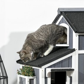 PawHut Casa para Gatos de Madeira com Suporte para Flores 96x65x85,5 cm Casa para Gatos de 2 Níveis com Teto Asfáltico Janela e Múltiplas Entradas Cinza