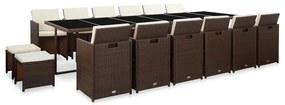 vidaXL 17 pcs conjunto jantar exterior com almofadões vime PE castanho