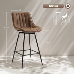 Conjunto de 2 bancos de bar, bancos de bar em PU, assento almofadado com 68 cm de altura, encosto e apoio para os pés, castanho
