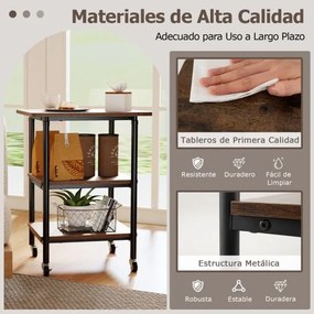 Suporte para impressora de 3 níveis 49 x 40 x 65/77 cm com 2 alturas ajustáveis Prateleiras de armazenamento Rodas universais bloqueáveis Café
