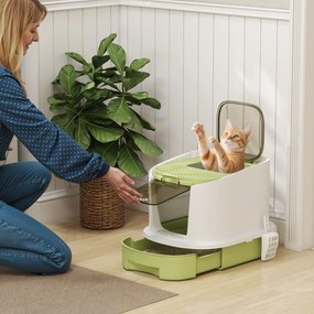 Caixa de Areia para Gatos Fechada com Entrada Frontal Saída Superior Tampa Amovível Bandeja e Pá 40,5x52,5x42,5 cm Verde