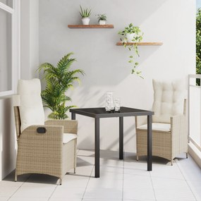 vidaXL Conjunto de Jantar de Jardim de 3 Peças com Almofadas Bege Vime Poliéster