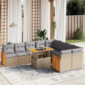 10 pcs conjunto de sofás p/ jardim com almofadões vime PE bege